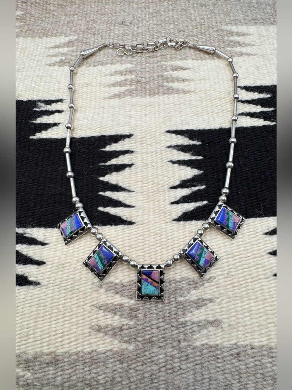 Navajo Native American Sterling Silver Turquoise Multi Stone Inlay Bib Necklace - Picture 6 of 10